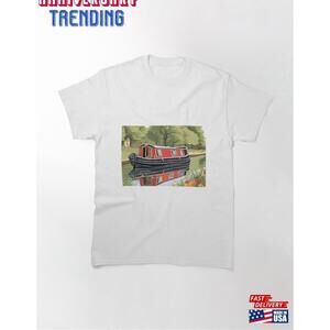 Small Red Narrowboat Cruising Along The Canal Classic Tshirt Unisex